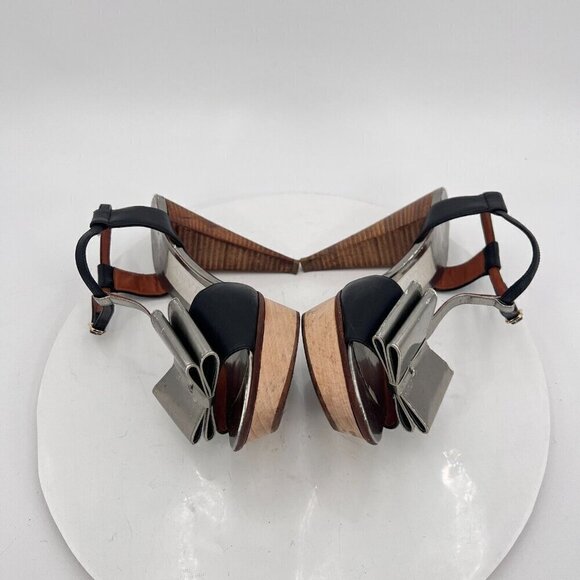Lanvin Women Size EU 37 US 7 Black Silver Bow T Strap Platform Cone Heel Sandal - Picture 9 of 15